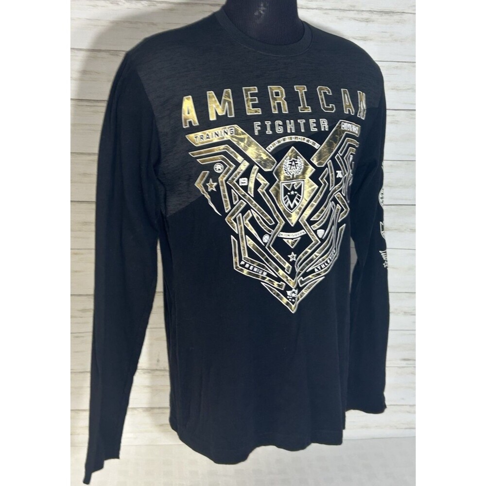 MINTY! AMERICAN FIGHTER LARGE Men GOLD Metallic Black Gray T-Shirt MMA Training